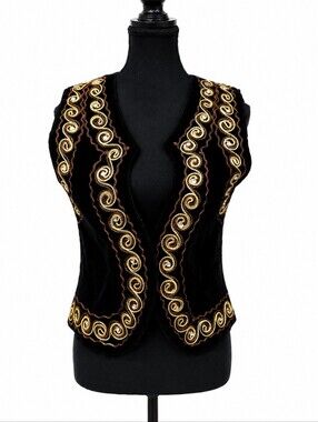 VTG Vintage Hand Made Embroidered Velvet Vest Gold Swirl Trim and Rhinestones